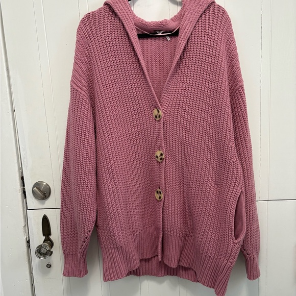 Free People Sweaters - Free People Pink Chunky Knit Hooded Cardigan